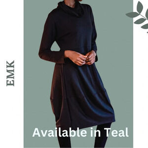 EMK Irene Midi Dress Long Sleeves w/ Pockets Cowl Neck Teal Bamboo Blend